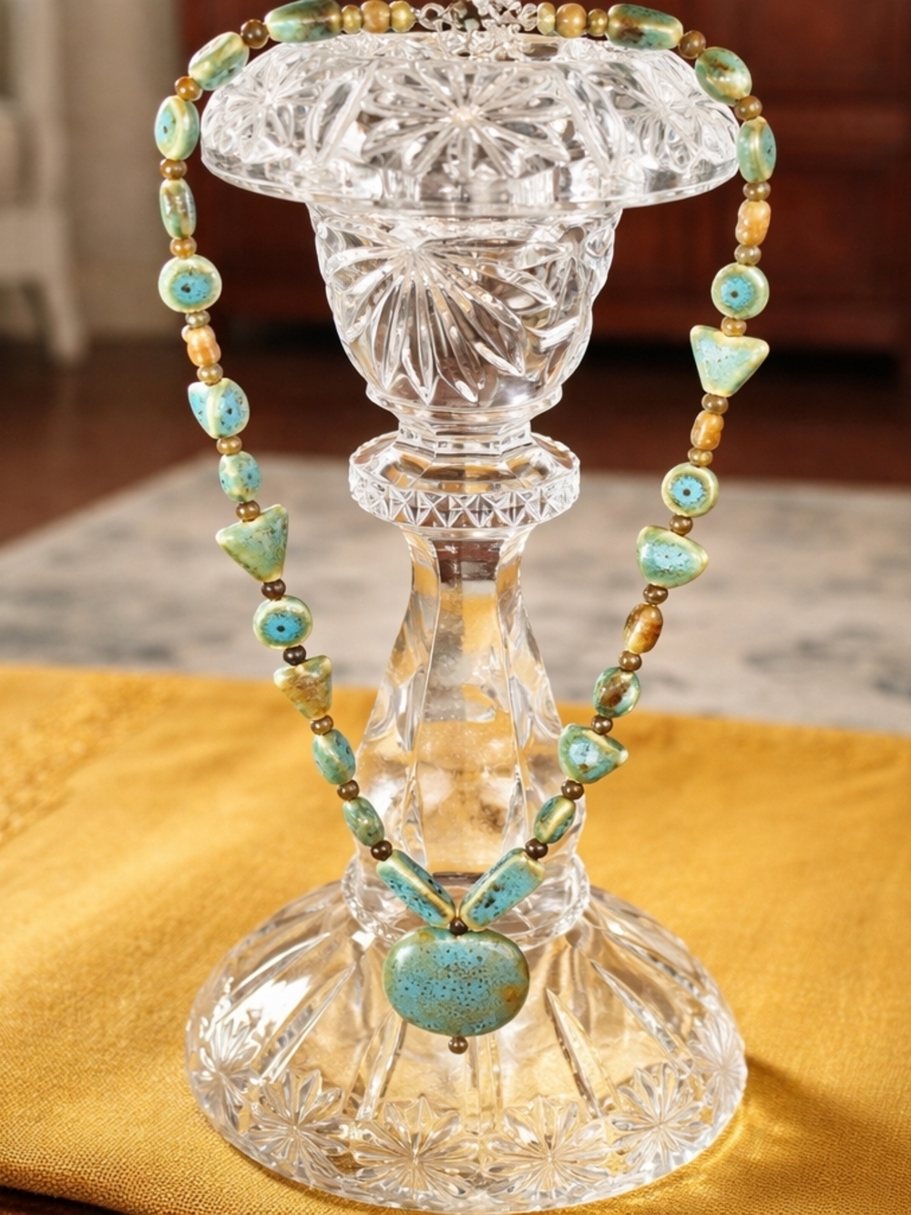 Handmade Green/Blue Stone Beaded Necklace And Jewelry Set. Boho Artisan Jewelry - Picture 2 of 15